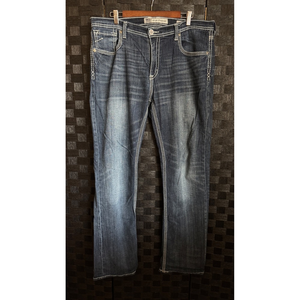 BKE Tyler Straight Jeans Mens 36L Blue Dark Wash Thick Stitch Denim